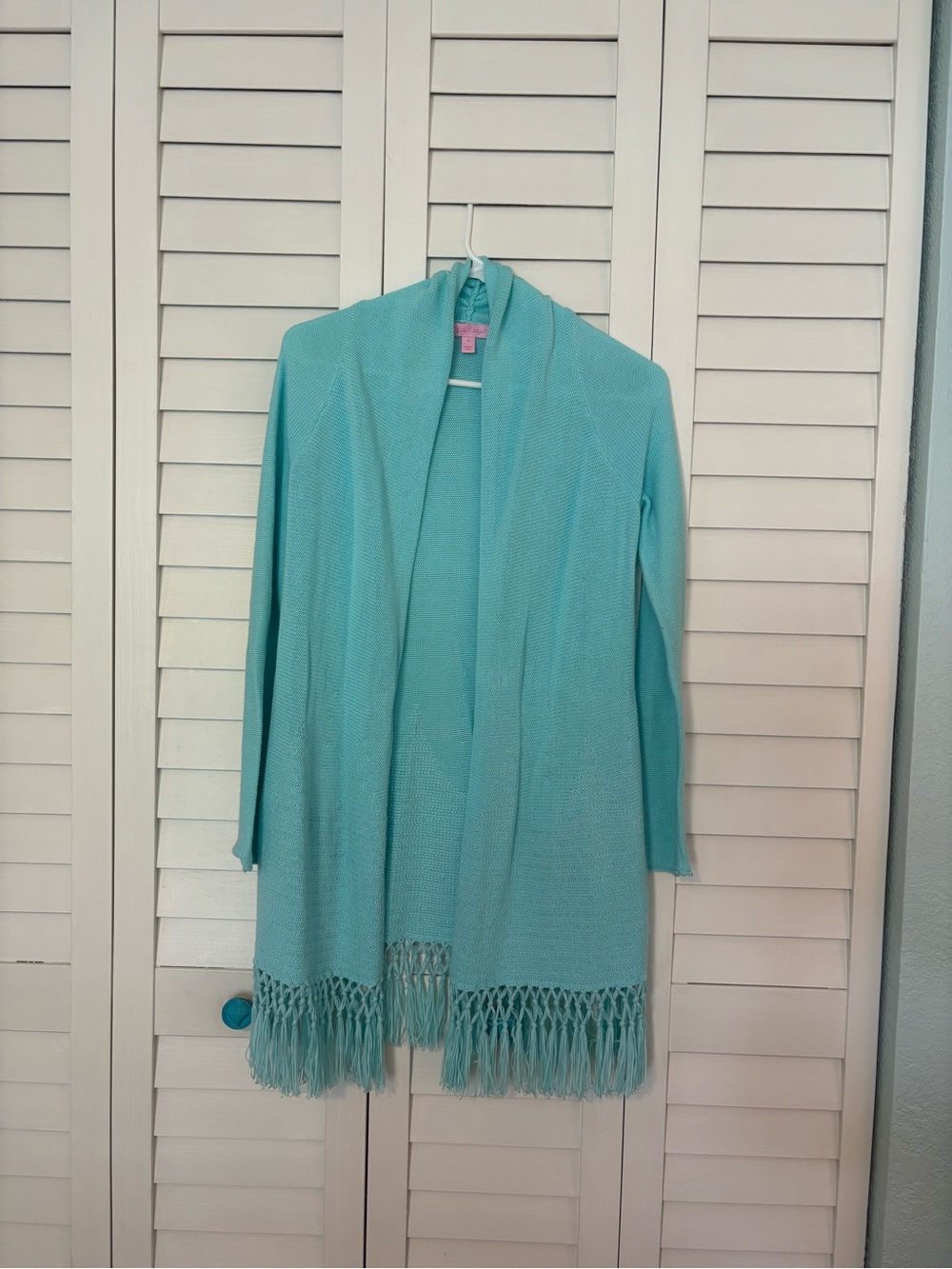 Lilly Pulitzer Sweater Light Teal Open-Front Fringe Cardigan- Women Sz S